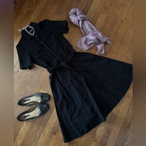 MEXX sz 4 blk cotton eyelet midi dress, full lined skirt, collar shirt top, '50s